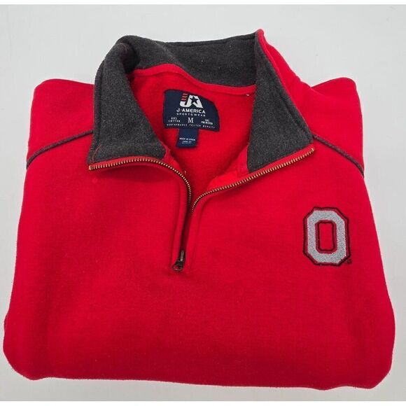 J America OSU Red Pullover Sweatshirt Mens M Block O Quarter Zip Collar Big 10 - Picture 1 of 7